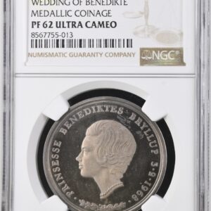 1968 Ministereksemplar, (10 kroner) Uden Værdiangivelse, Prinsesse Benediktes bryllup med Prins Richard, Sieg 15, Kun lavet i 100 eksemplar, Kva. Proof, Graderet PF 62 ULTRA CAMEO af NGC