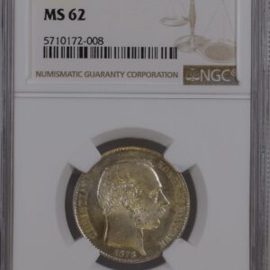 Dansk Vestindien, 20 cent 1878, Chr.IX, Sieg 23, Hede 25, KM 71, Kva. 0-01, Graderet MS 62 af NGC, smuk eksemplar med fuldt møntskær.