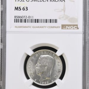 Sverige, 1 krona 1932, Gustav V, KM 786, MIS 18, SM 51, Kva. 0-M "Medaljeprægskarakter" Graderet MS 63 af NGC