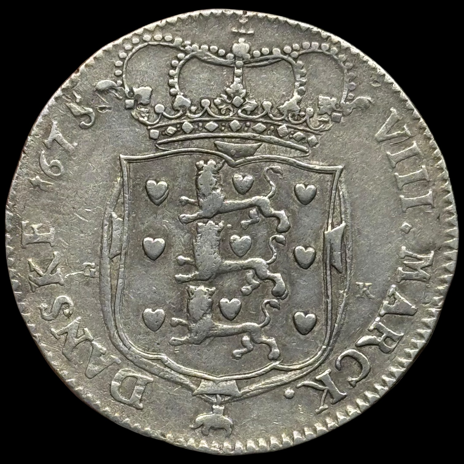 1675, 2 krone / 8 mark, glat bund, Chr.V, Sieg 56.1, Hede 72, Kva. 1+