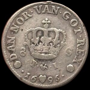 1695, 8 skilling DIE GRAT, Chr.V, Sieg 16.2, Hede 113, Kva. 1, Sjælden Variant.