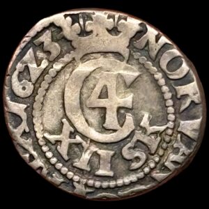 1623, 12 skilling, Chr.IV, Sieg 61.2, Hede 121, Kva. 1-1+, Fuldt læsbar årstal.