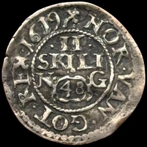 1619, 2 skilling / kroneskilling, Chr.IV, Sieg 32.1, Hede 112A, Kva. 1+, svag buklet