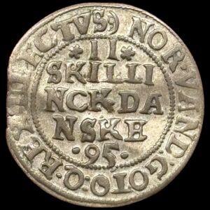 1595, 2 skilling, Chr.IV, Sieg 28, Hede 67, Kva. 1+, svag buklet