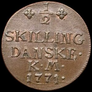1771, 1/2 skilling, Chr.VII, Sieg 1.3, Hede 38, Kva. 0-01