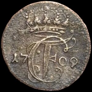 1709, 1 søsling, Slesvig, Karl Frederik, Sieg 3.1, Lange 475, JS 3605, Kva. 1+, korroderet