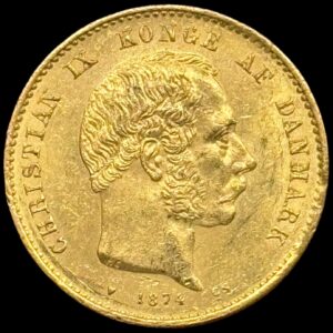 1874, 20 kroner, Chr.IX, Sieg 1.1, Hede 8A, 8,96 gram 0.900 AU, Kva. 01 "sjælden"