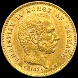 1874, 10 kroner, Chr.IX, Sieg 1.1, Hede 9A, 4,48 gram 0.900 AU, Kva. 01