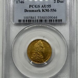 1746, 2 dukat, Fre.V, Sieg 26.2, Hede 6, Kva. 01, Graderet AU 55 af PCGS, Et smukt eksemplar af denne sjældne dobbeltdukat, som blev præget af guld bragt hjem fra Kina af Dansk Asiatisk Kompagni