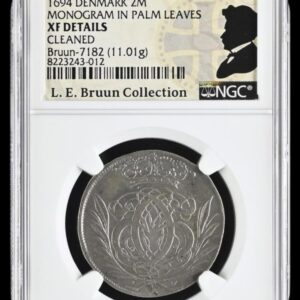 1694, 2 mark, Chr.V, Glückstadt, Sieg 135.2, Hede 126A, Schou 35, Bruun 7182, Kva. 1+, Graderet XF DETAILS af NGC, Ex. L. E. Bruun.