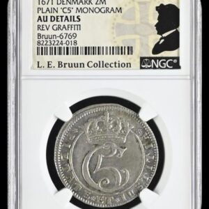 1671, 2 mark, Chr.V, Sieg 26.2, Hede 69A, Schou 42, Bruun 6769, Kva. 1+, Graderet AU Details-Reverse Graffiti af NGC. L. E. Bruun Collection.