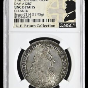 1702, Krone, Fre.IV, Sieg 17, Hede 36, Schou 3, Bruun 7314, Kva. 0-01 svag renset, Graderet UNC Details Cleaned af NGC, Ex. Frederik Chr. Bech Collection (Copenhagen - 1906) Lot 905, Ex. L. E. Bruun Collection.