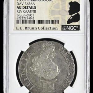 1680, Krone "Piestalkrone" Smalt Malteserkors , Chr.V, Sieg 38.1, Hede 78, Schou 20, Bruun 6901, Kva. 1+, Graderet AU Details Reverse Graffiti af NGC, Ex. L. E. Bruun Collection.