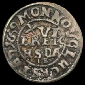 1659, 3 skilling lybsk, Glückstadt, Fre.III, Sieg 147, Hede 149, Schou 95, Kva. 1+, Ex. Zinck, Samleretiket medfølger