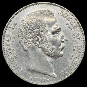 1863 RH, 2 rigsdaler "Tronskifte", Chr.IX, Sieg 4, Hede 3, Kva. 1+-01