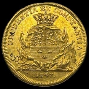 1747, 2 dukat, Fre.V, Sieg 31.1, Hede 10A, Kva. 1+, "ekstrem sjælden" ex. Gamle Nordtysk samling.