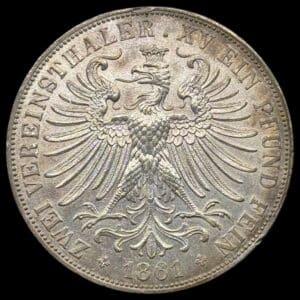 Tyskland, 2 Taler 1861, Frankfurt, KM 365, Dav 651, AKS 4, Kva. 01, ks.