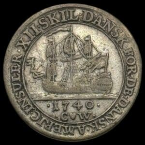 Dansk Vestindien, 12 skilling 1740, Chr.VI, Sieg 3, Hede 1, KM 4, Kva. 1+