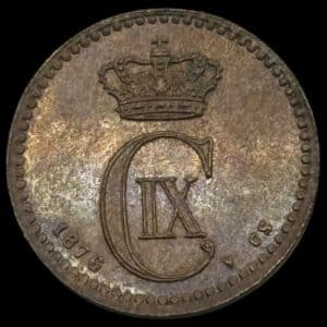 1876, 1 øre, Chr.IX, Sieg 1.1, Hede 19A, Kva. 0-M "Medaljepræg" micko plet i kronen