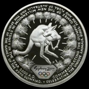 Australien, 5 Dollars 2000, Elizabeth II, 3rd Portrait, Sydney 2000 Series, 1 Oz Ag, KM 382, Kva. Proof