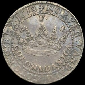 1618, 2 krone / Corona Danica, Chr.IV, Sieg 87.1, Hede 105A, Kva. 1+, Lille ejermærke mellem benene "AM"