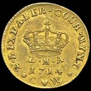 1714, Kurant dukat / 2 Rixdaler 1714, Fre.IV, Sieg 26, Hede 31, Kva. 1+-01, “Gammel samlerseddel medfølger, fra gamle tysk adelig samler”