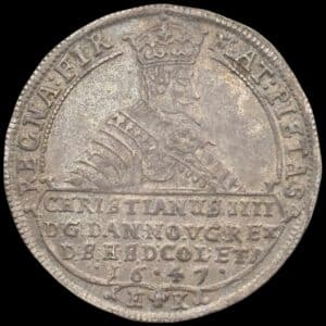 1647, speciedaler, Chr.IV, Sieg 107.4, Hede 55D, Kva. 1+-01 "Gammel samler seddel medfølger, fra Gamle adelig samler"