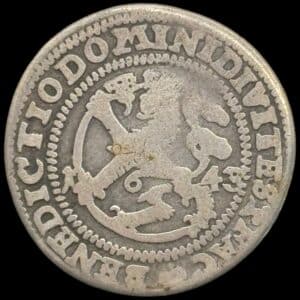 Norge, 1/8 speciedaler 1643, Chr.IV, Sieg 9.1, Hede 13A, NMD 109A, Kva. 1-1-