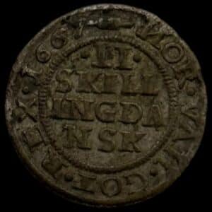 1667, 2 skilling, Fre.III, Sieg 23.3, Hede 140A, Kva. 1+ "Spejlvendte N'er"