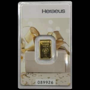Guldbar, 2 gram, Heraeus, motiv "gave", orginal holder