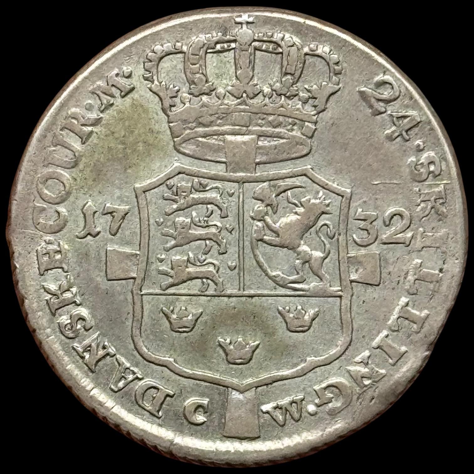 1732, 24 skilling, Chr.VI, Sieg 4.1, Hede 7A, Kva. 1+