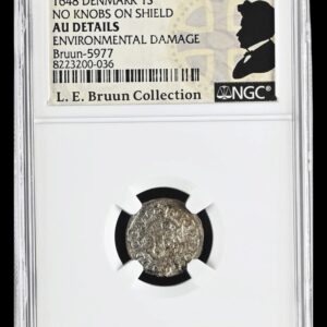1648, 1 skilling, Fre.III, Sieg 4.2, Hede 123, Schou 19, Bruun 5977, Kva. 01 Korr. Graderet AU Details Environmental Damage af NGC, Sjælden type, Ex. L. E. Bruun