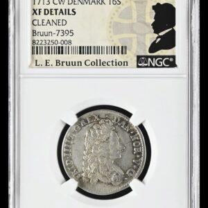 1713, 16 skilling, Fre.IV, Sieg 15, Hede 47, Schou 1, Bruun 7395, Kva. 1-1+, Graderet XF Details Cleaned af NGC, Ex. L. E. Bruun