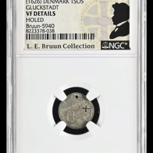 "1626", Søsling, Glückstadt, Chr.IV, Sieg 163.3, Hede 171, Schou 90, Bruun 5940, Kva. 1-1+ Perf. Graderet VF Details Holed af NGC, Ex. L.E.Bruun "original samleretiket medfølger", Ex. Countship of Brahesminde Collection "Private Sale - 1922".  Ex. Frederik Chr. Bech Collection "Copenhagen - 1906" Lot 387, "Uhyre sjælden"