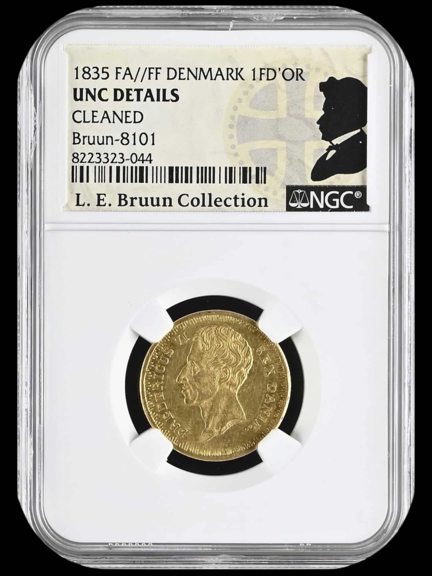 1835 FF, 1 d’or, Fra.VI, Sieg 33, Hede 4B, Bruun 8101, Kva. 0-01, Graderet UNC Details Cleaned af NGC, L.E.Bruun “original samleretiket medfølger”