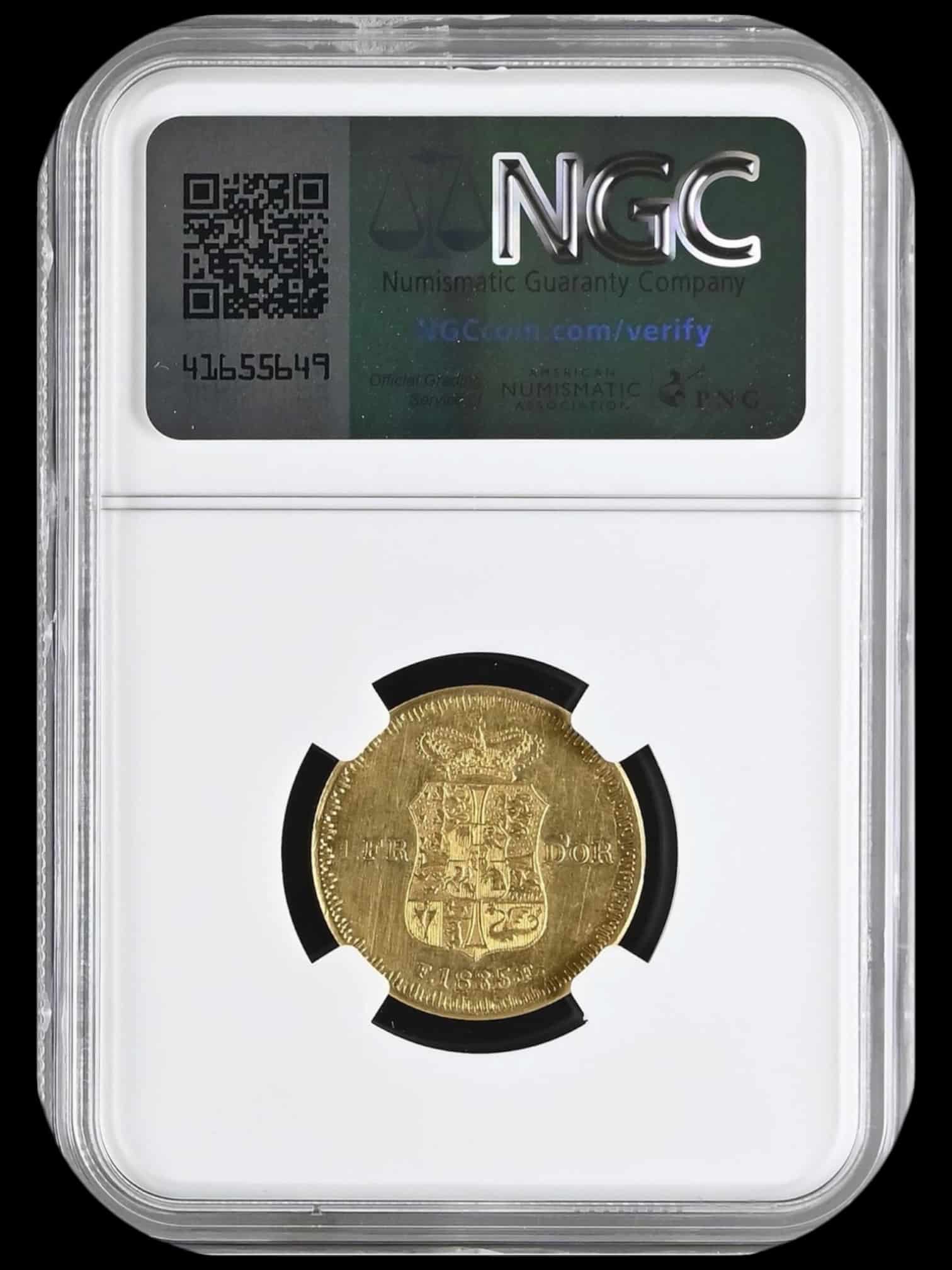 1835 FF, 1 d’or, Fra.VI, Sieg 33, Hede 4B, Bruun 8101, Kva. 0-01, Graderet UNC Details Cleaned af NGC, L.E.Bruun “original samleretiket medfølger” - Image 2