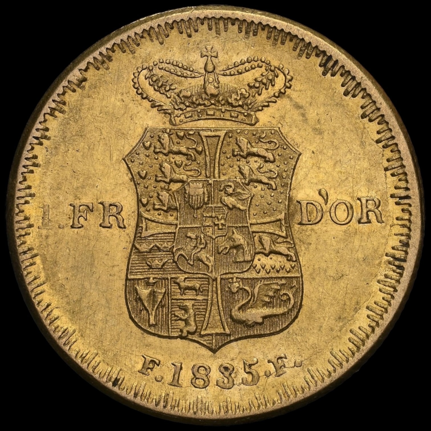 1835 FF, 1 d’or, Fra.VI, Sieg 33, Hede 4B, Bruun 8101, Kva. 0-01, Graderet UNC Details Cleaned af NGC, L.E.Bruun “original samleretiket medfølger” - Image 3