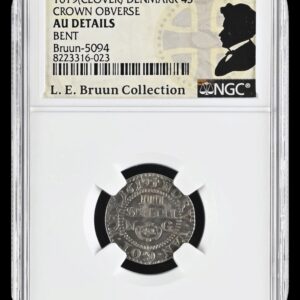 1619, 4 kroneskilling, Chr.IV, Sieg 44.1, Hede 114A, Schou 112, Bruun 5094, Kva. 1+-01 buklet, Graderet AU Details Bent af NGC, L.E.Bruun “original samleretiket medfølger”, Uhyre sjælden Schou variant.