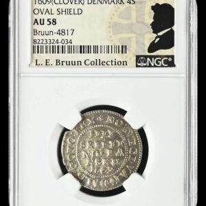 1609, 4 skilling, Chr.IV, Sieg 39.1, Hede 78A, Harck-6.29.3, Schou 29, Bruun 4817, Kva. 0-01, Graderet AU 58 af NGC, ex. L.E.Bruun "original samleretiket medfølger", ex. Joh. G. Guildal 1918.