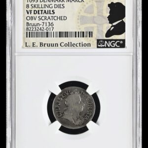 1693, mark, Chr.V, “prøvemønt”, slået med 8 skillings stempler, Sieg 14, Hede 109, Schou 62, Bruun 7136, Kva. 1-1+ rids, Graderet VF Details OBV Scratched af NGC, ex. L.E.Bruun "original samleretiket medfølger", ex. Joh. G. Guildal 1918.