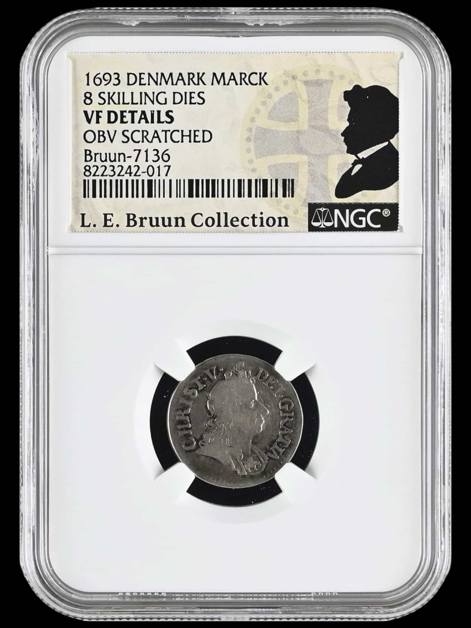 1693, mark, Chr.V, “prøvemønt”, slået med 8 skillings stempler, Sieg 14, Hede 109, Schou 62, Bruun 7136, Kva. 1-1+ rids, Graderet VF Details OBV Scratched af NGC, ex. L.E.Bruun "original samleretiket medfølger", ex. Joh. G. Guildal 1918.