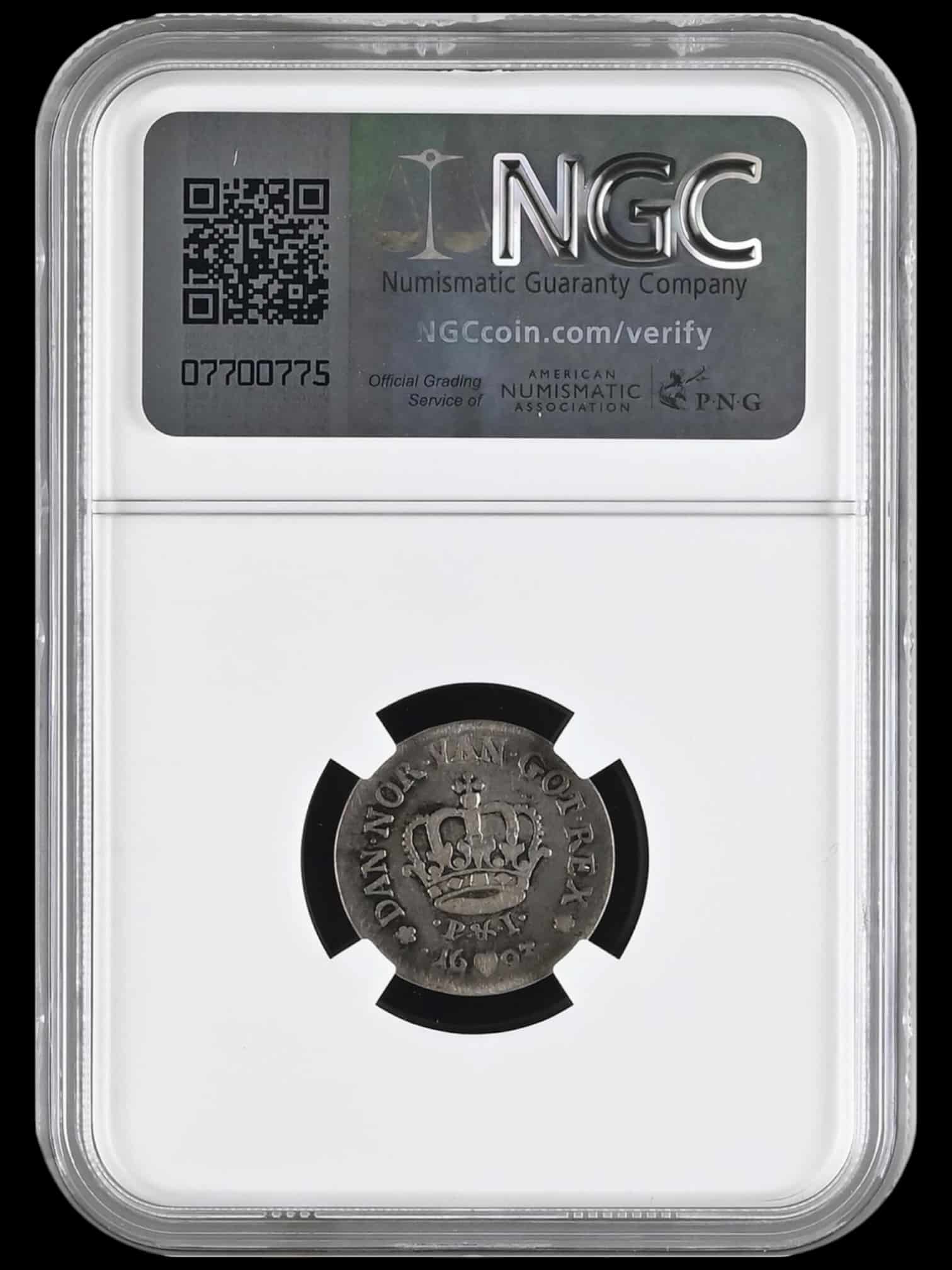 1693, mark, Chr.V, “prøvemønt”, slået med 8 skillings stempler, Sieg 14, Hede 109, Schou 62, Bruun 7136, Kva. 1-1+ rids, Graderet VF Details OBV Scratched af NGC, ex. L.E.Bruun "original samleretiket medfølger", ex. Joh. G. Guildal 1918. - Image 2