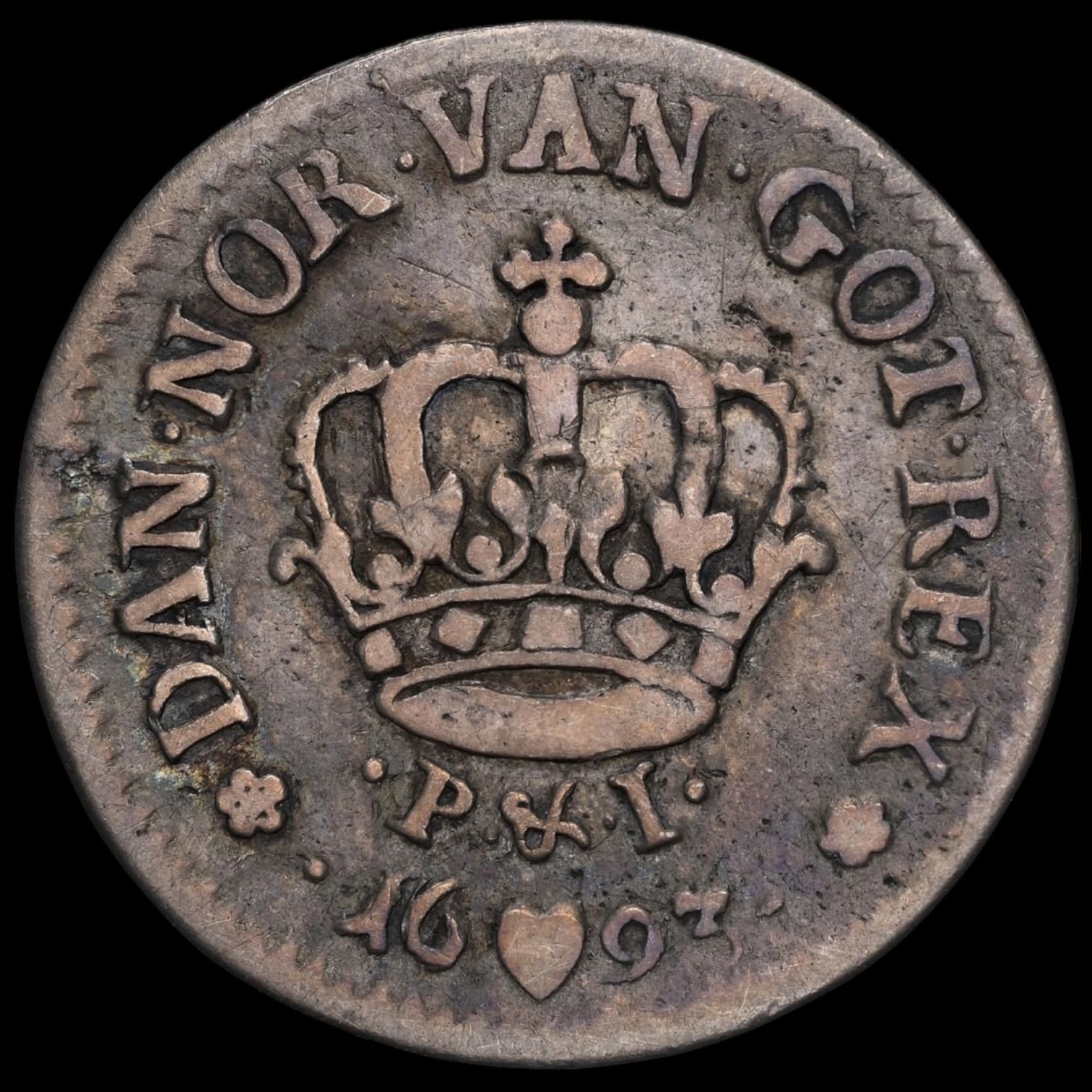 1693, mark, Chr.V, “prøvemønt”, slået med 8 skillings stempler, Sieg 14, Hede 109, Schou 62, Bruun 7136, Kva. 1-1+ rids, Graderet VF Details OBV Scratched af NGC, ex. L.E.Bruun "original samleretiket medfølger", ex. Joh. G. Guildal 1918. - Image 3
