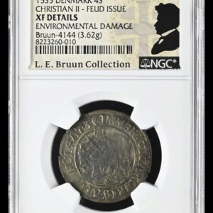 1535, 4 skilling, Güstrow Mint, Chr.III, Sieg 3, Galster 85, Schou 34, Bruun 4144, Kva. 1-1+ Korr. ridser, Graderet XF Details Environmental Damage af NGC, ex. L.E.Bruun "original samleretiket medfølger", ex. Joh. G. Guildal 1918