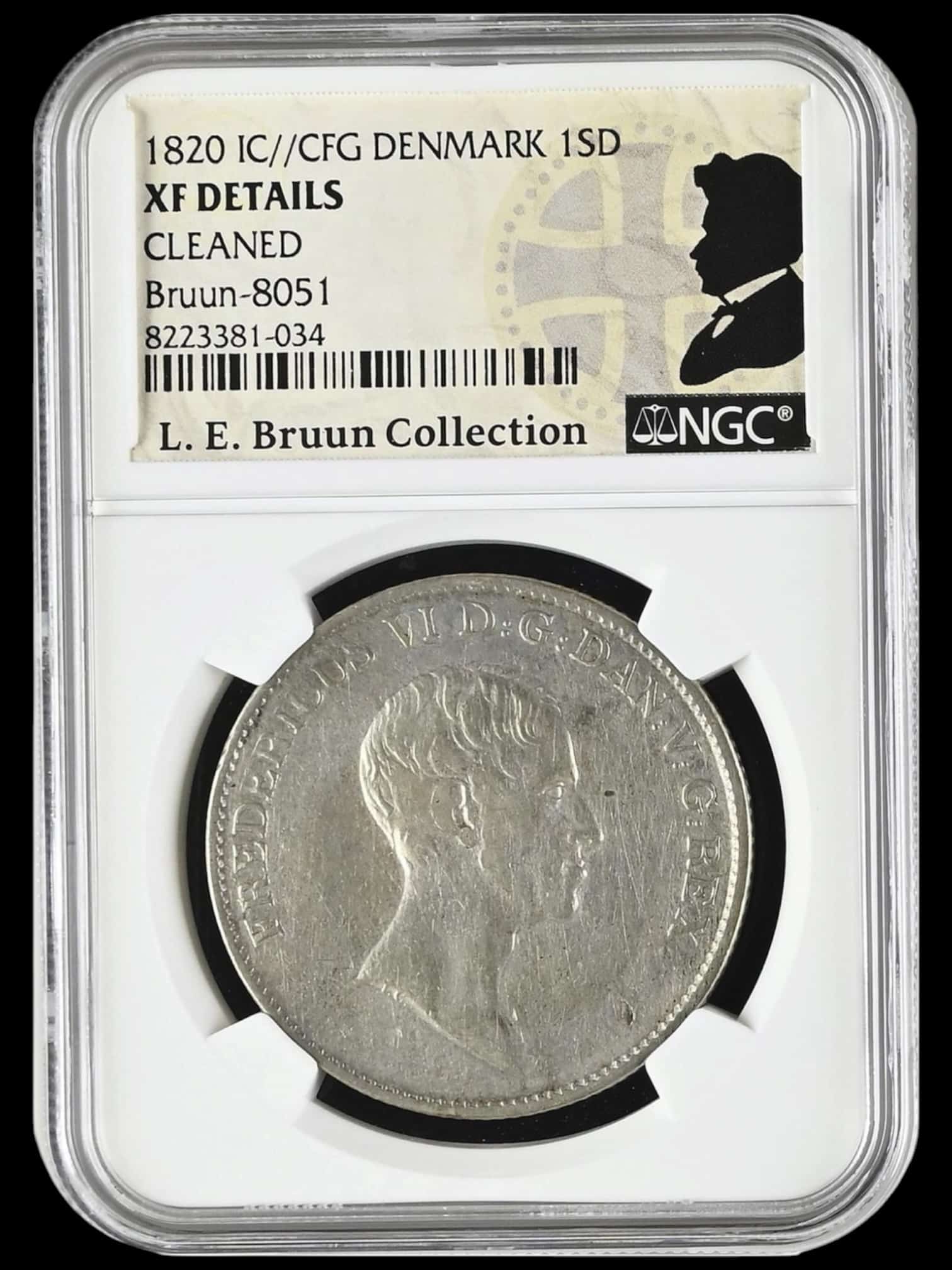 1820 CFG, 1 speciedaler, Fre.VI, Sieg 30.1, Hede 26A, Bruun 8051, Kva. 1+, Graderet XF Details Cleaned af NGC, ex. L.E.Bruun "original samleretiket medfølger"