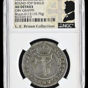 1653, 2 mark, Fre.III, Sieg 31.1, Hede 90, Aagaard 121.1(53-1/53-1), Schou 67, Bruun 6113, Kva. 1+ Graffiti, Graderet AU Details OBV Graffiti af NGC, ex. L.E.Bruun "original samleretiket medfølger"