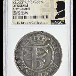 1660, 4 mark / krone, Glückstadt, Fre.III, Sieg 153.2, Hede 153B, Schou 39, Bruun 6352, Kva. 1+ Graffiti, Graderet XF Details OBV Graffiti af NGC, Ex. L.E.Bruun "original samleretiket medfølger"