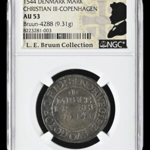 1544, mark, Chr.III, Sieg 37.2, Hede 3B, Schou 1, Bruun 4288, 9,31g, Kva. 01, Graderet AU 53 af NGC, Ex. L.E.Bruun "original samleretiket medfølger", Ex. Brahesminde 1922, Sjælden