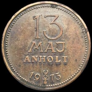 Satanmønt, Anholt 13 maj. 1973, Ae, Kva. 01 Korr. / Pletter “Sjælden token”