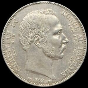 1863 RH, 2 Rigsdaler “Tronskifte”, Chr.IX, Sieg 4, Hede 3, Kva. 1+ ks.
